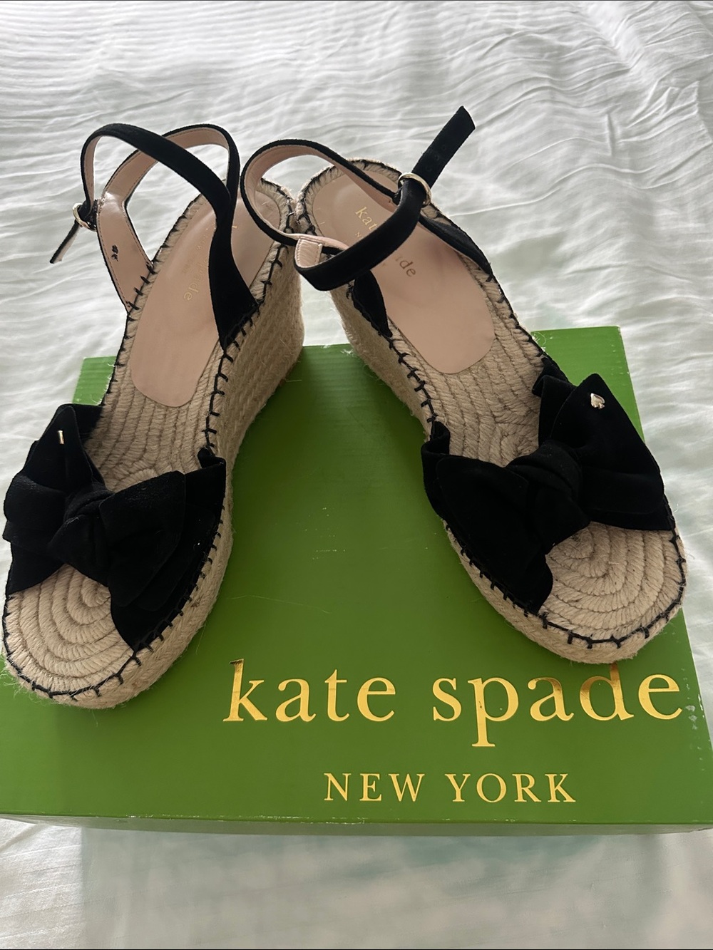 NWT Kate Spade New York Fanni Black Suede Espadrille Wedge Sandals Size 9.5 NIB